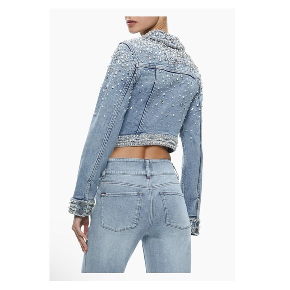 New! Alice & Olivia Nelson Crystal & Pearl Embellished Denim Jacket - Picture 5 of 12